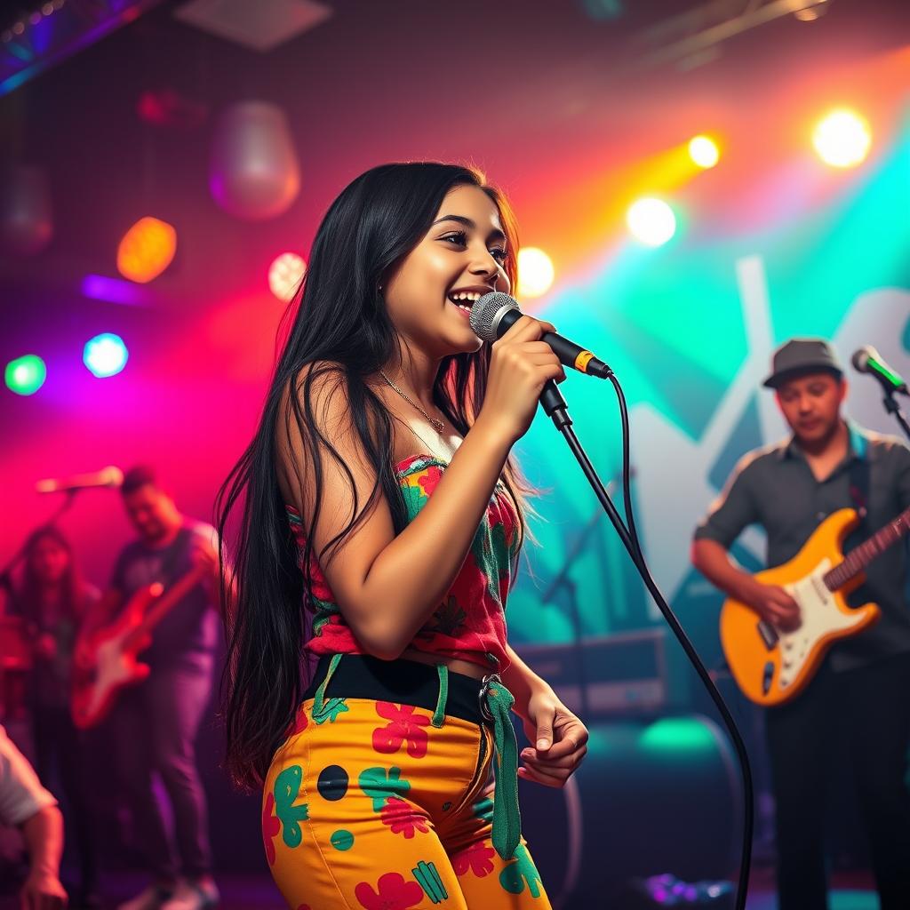 A cute 18-year-old Mexican girl singing passionately into a microphone on a vibrant nightclub stage