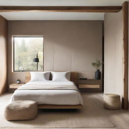 Minimalist modern bedroom designed with natural materials, containing a neutral color palette, organic textures, and clean lines