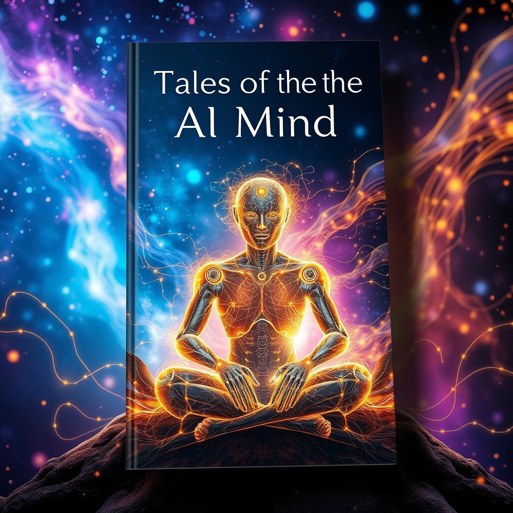 A captivating book cover for a collection of AI-generated stories, featuring a glowing humanoid AI figure partially constructed with flowing digital lines and neural networks, seated in a surreal environment