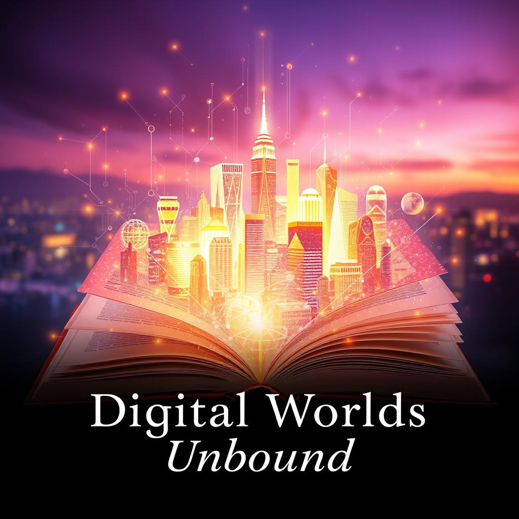 A stunning book cover titled 'Digital Worlds Unbound', showcasing an open book transforming into a vibrant holographic cityscape