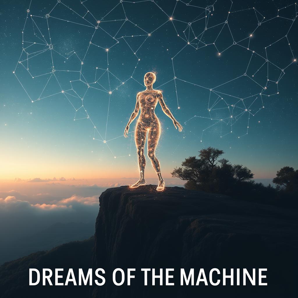 An ethereal AI figure composed of stardust and glowing circuits stands majestically on a cliff, overlooking a futuristic world where nature harmoniously intertwines with technology