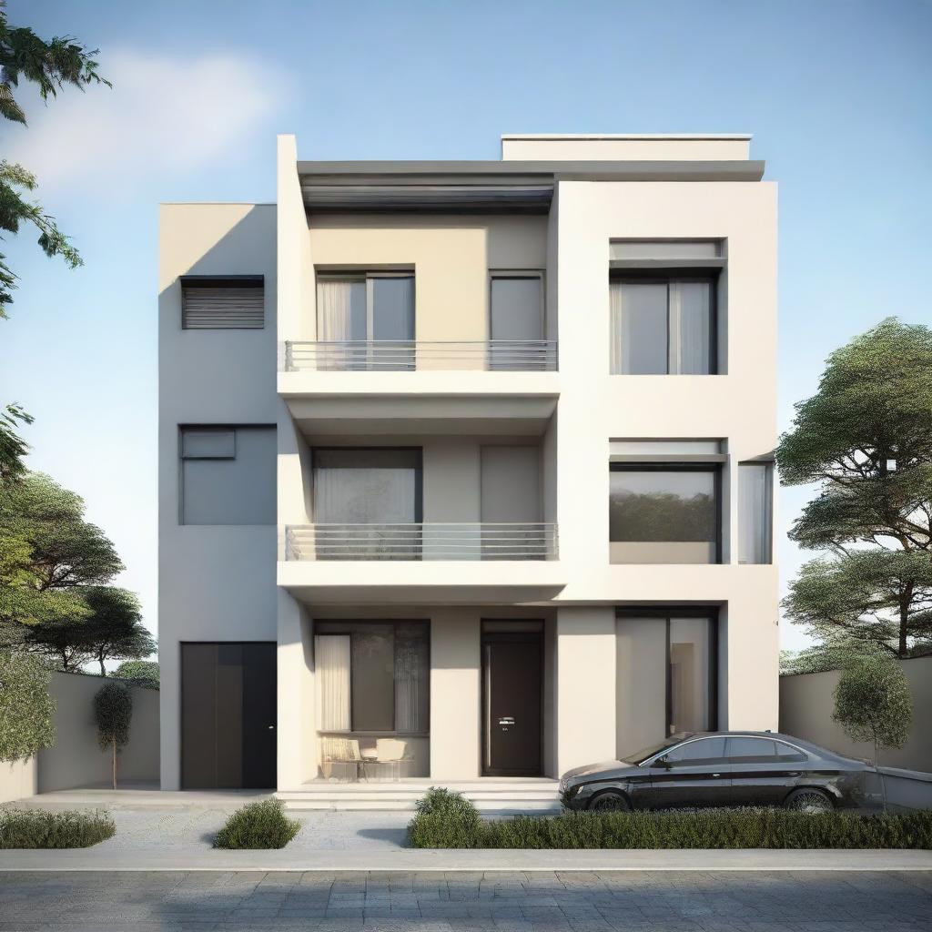 A two-storey house featuring a simple, elegant elevation, without balcony, showcasing four identically sized windows on the first floor and a flat, unadorned terrace.