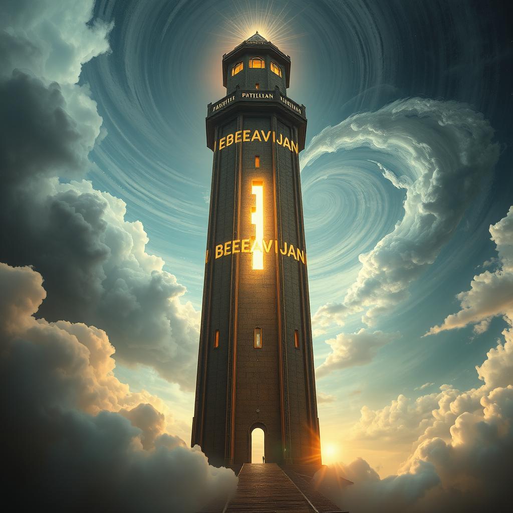 A surreal, mysterious tower named 'EBEEAVIJAN', visually striking and not typical, incorporating elements that challenge the laws of physics, time, and space