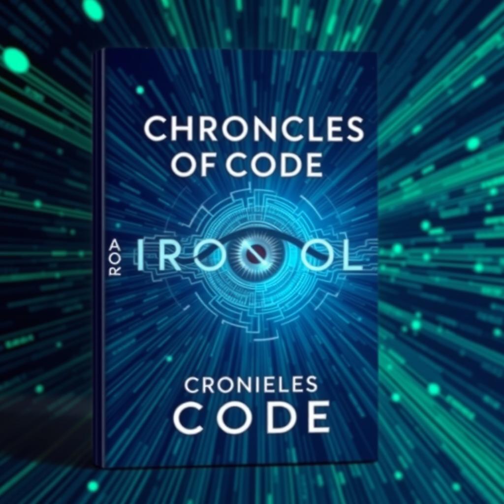 A sleek and modern book cover titled 'Chronicles of Code', featuring a central AI eye that is intricately designed and surrounded by swirling digital code that radiates outward like a galaxy
