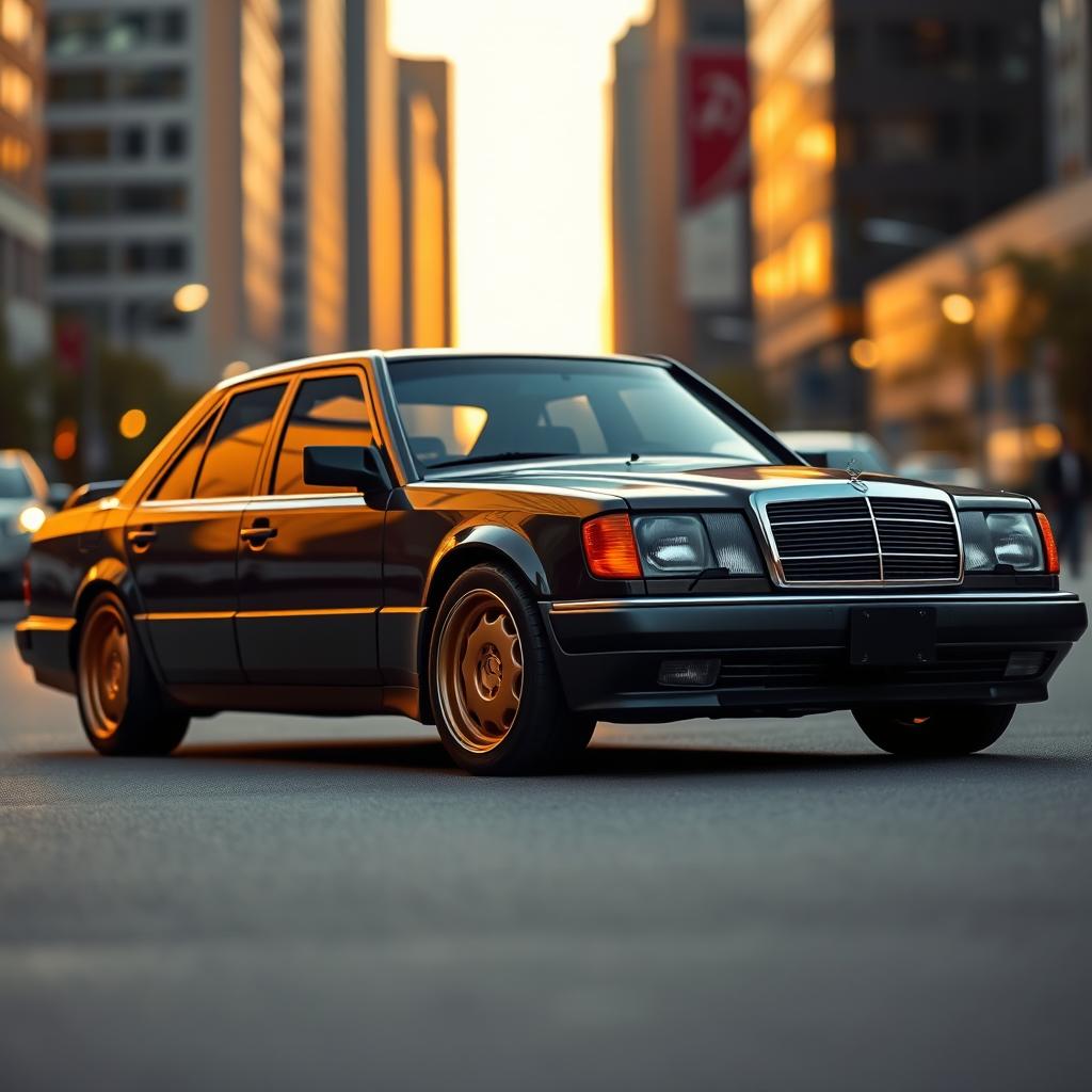 A dark earth-colored W124 Mercedes-Benz, featuring gold rims and a low stance, showcasing its elegant yet sporty design