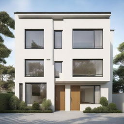 A two-storey house featuring a simple, elegant elevation, without balcony, showcasing four identically sized windows on the first floor and a flat, unadorned terrace.