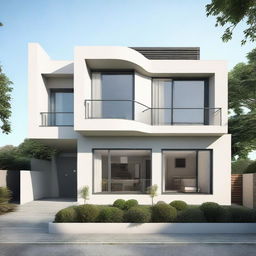 A two-storey house featuring a simple, elegant elevation, without balcony, showcasing four identically sized windows on the first floor and a flat, unadorned terrace.