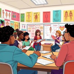 A vibrant and engaging digital illustration depicting a diverse classroom setting where a group of adult educators are energetically teaching a dynamic and interactive sex education lesson