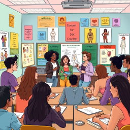 A vibrant and engaging digital illustration depicting a diverse classroom setting where a group of adult educators are energetically teaching a dynamic and interactive sex education lesson