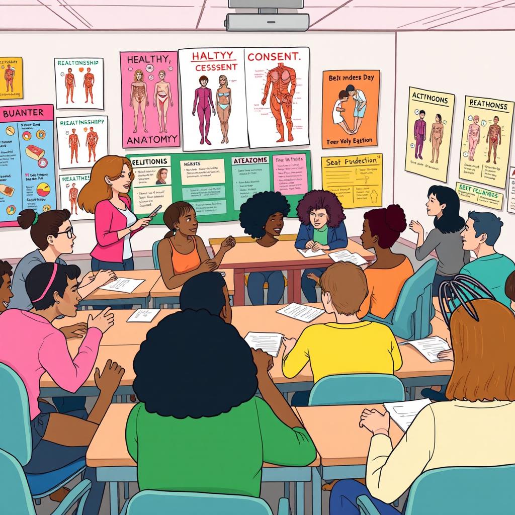 A vibrant and engaging digital illustration depicting a diverse classroom setting where a group of adult educators are energetically teaching a dynamic and interactive sex education lesson