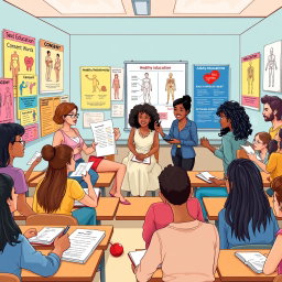A vibrant and engaging digital illustration depicting a diverse classroom setting where a group of adult educators are energetically teaching a dynamic and interactive sex education lesson