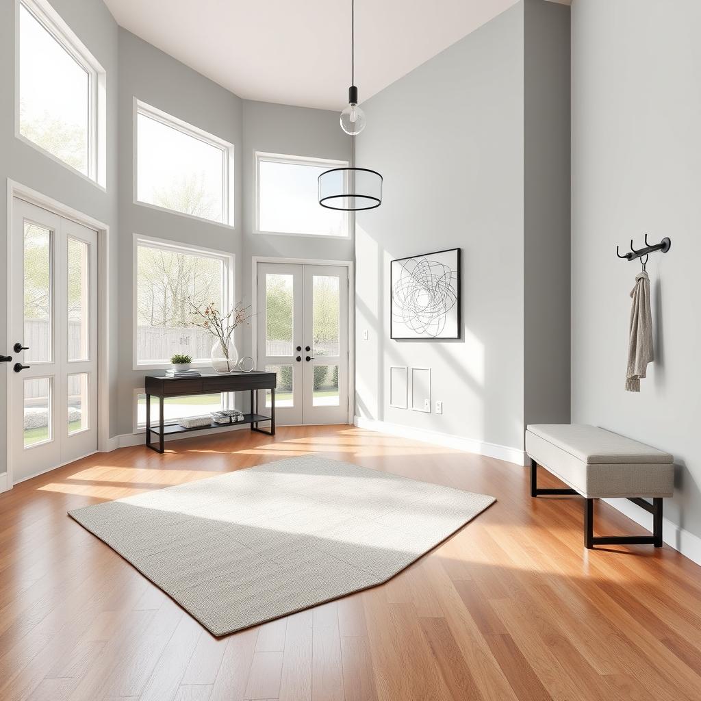 A functional design plan for a modern entryway featuring sleek and clean lines, minimalist aesthetics, and a sophisticated color palette