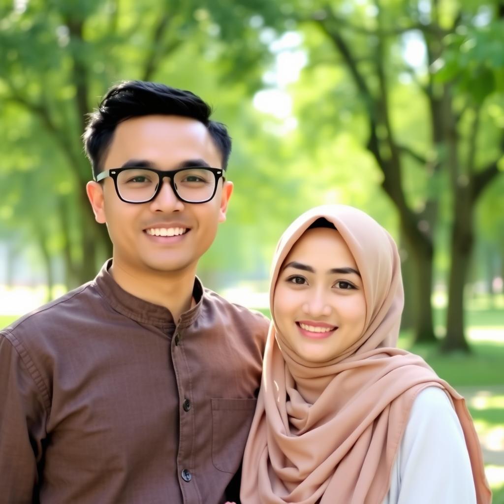 A Muslim couple standing side by side, the man wearing stylish glasses and a comfortable casual outfit while the woman is dressed elegantly in a beautiful hijab that complements her appearance