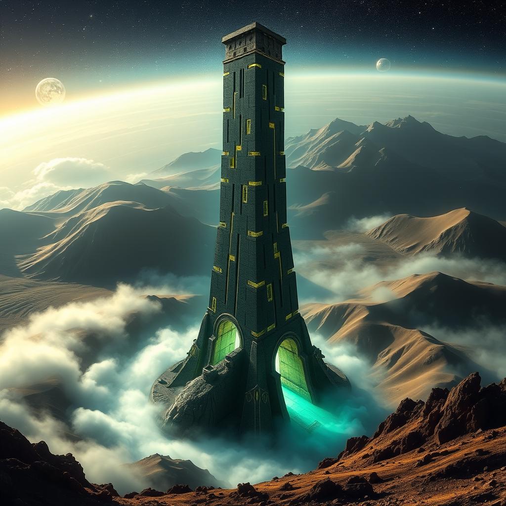 In a surreal landscape, EBEEAVIJAN tower stands tall, but it is no ordinary tower
