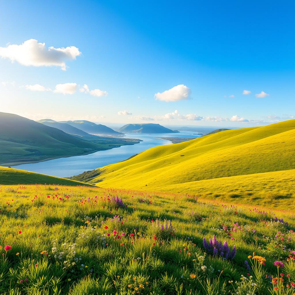 A high-resolution, upscaled and smooth image that captures a serene landscape with rolling hills covered in vibrant green grass, dotted with colorful wildflowers