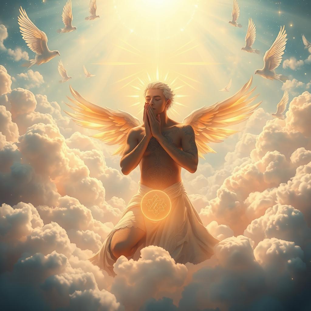 A majestic heavenly realm filled with glowing light and a soft, ethereal atmosphere