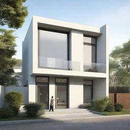 A two-storey house featuring a simple, elegant elevation, without balcony, showcasing four identically sized windows on the first floor and a flat, unadorned terrace.