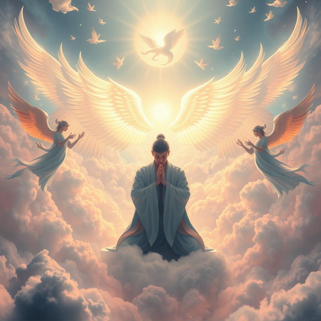 A majestic heavenly realm filled with glowing ethereal light, featuring graceful angels floating serenely in the background