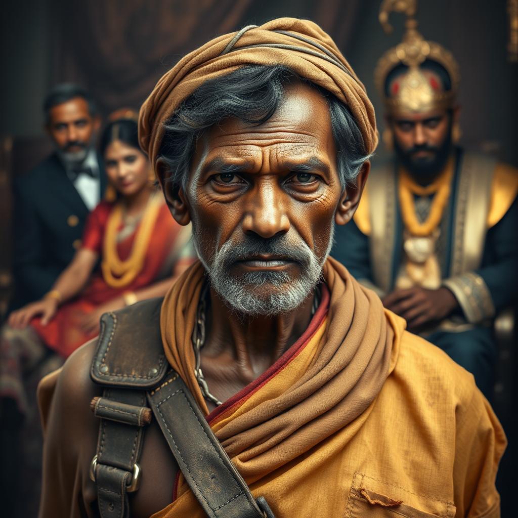 A poignant portrait of an Indian poor laborer, wearing a worn and heavy harness symbolizing a horse, reflecting the burden of his hard life