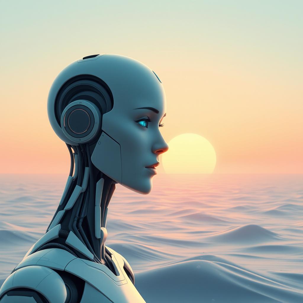 A serene AI character featuring a captivating half-human, half-mechanical face gazes thoughtfully into the horizon, where digital waves gracefully blend with a rising sun