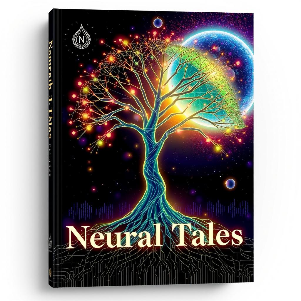 A vibrant book cover titled 'Neural Tales', showcasing a glowing neural network intricately shaped like a tree