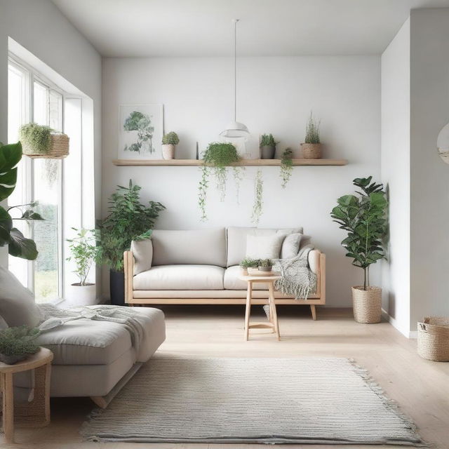 A minimalistic and serene Scandinavian-inspired home with rustic wooden furnishings, soft neutral colours, and well-lit interiors balanced with an abundance of green plants.