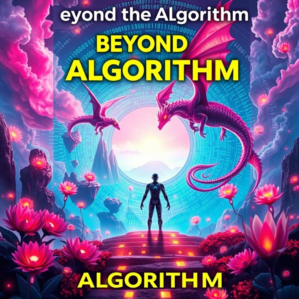 An exhilarating book cover titled 'Beyond the Algorithm', featuring an AI figure poised at the threshold of a swirling code portal that leads into a fantastical world