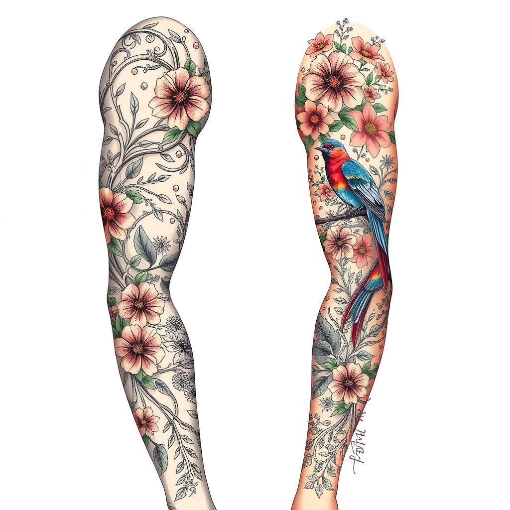 A detailed and intricate illustration of a sleeve tattoo on a left arm, featuring a mirror effect