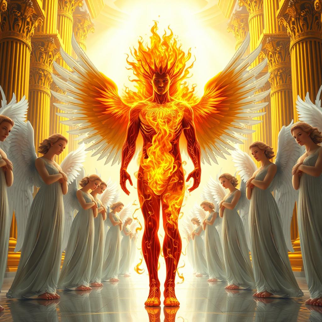 A striking scene featuring Azazil, a fiery being with vibrant flames emanating from his body, standing confidently among serene and pure angels