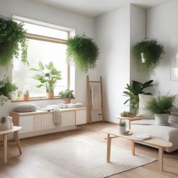 A minimalistic and serene Scandinavian-inspired home with rustic wooden furnishings, soft neutral colours, and well-lit interiors balanced with an abundance of green plants.