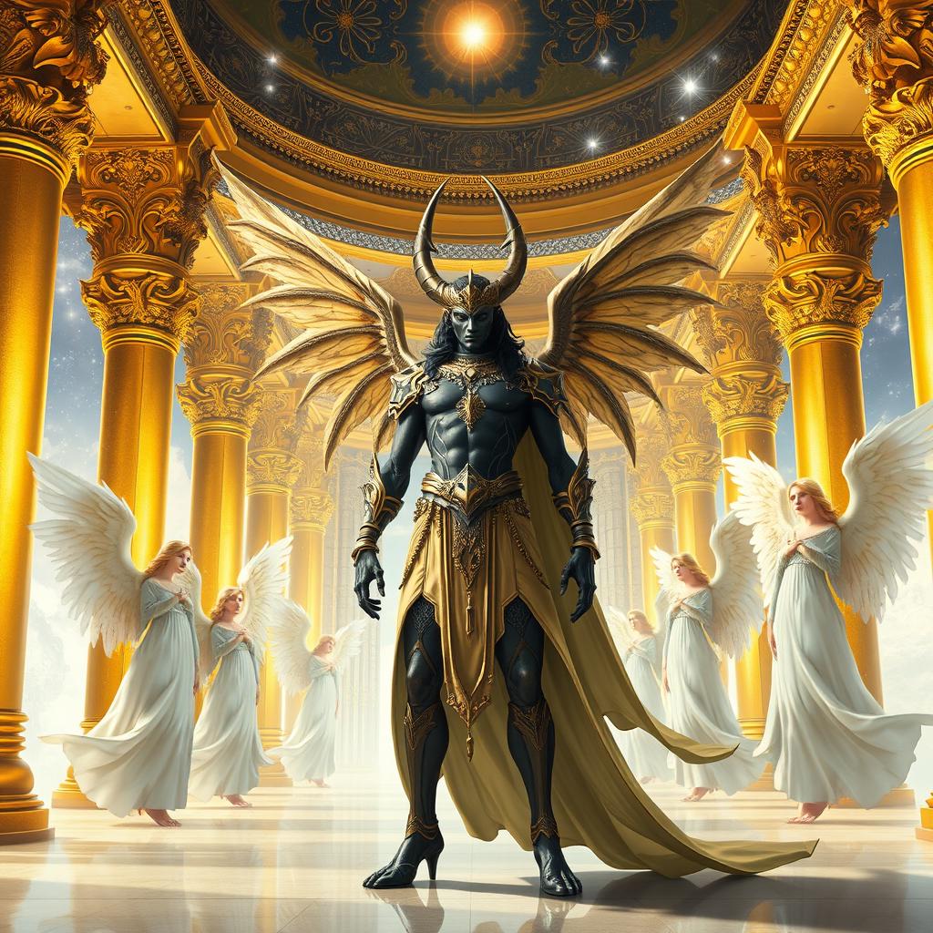 Azazil, a majestic and striking jinn, stands confidently among serene and pure angels in a magnificent heavenly palace