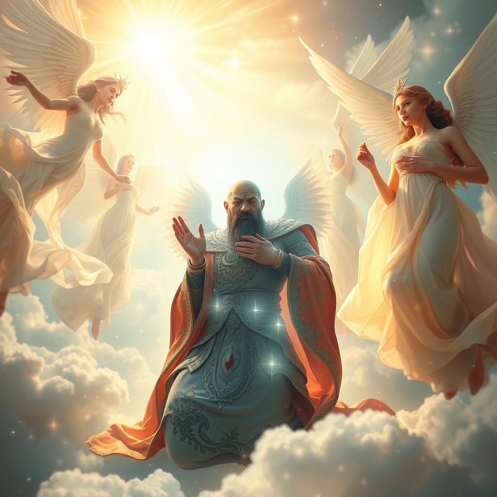 In a majestic heavenly realm filled with brilliant, ethereal light, beautiful nymphs float gracefully, their flowing gowns shimmering in the radiant glow