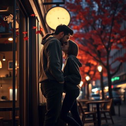 A dark silhouette of a man with a back ponytail, dressed casually in a cozy sweatshirt, jeans, and sneakers, leaning in to kiss a petite girl with short shoulder-length hair, who is also casually attired in a sweatshirt, jeans, and stylish ankle boots