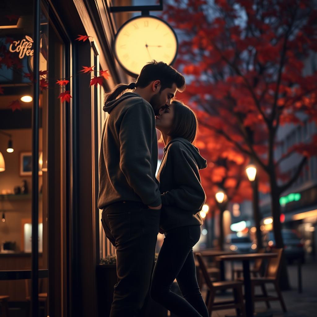 A dark silhouette of a man with a back ponytail, dressed casually in a cozy sweatshirt, jeans, and sneakers, leaning in to kiss a petite girl with short shoulder-length hair, who is also casually attired in a sweatshirt, jeans, and stylish ankle boots