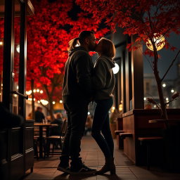 A dark silhouette of a man with a back ponytail, dressed casually in a cozy sweatshirt, jeans, and sneakers, leaning in to kiss a petite girl with short shoulder-length hair, who is also casually attired in a sweatshirt, jeans, and stylish ankle boots