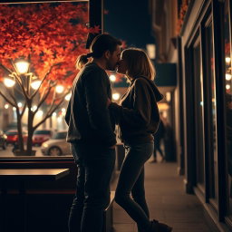A dark silhouette of a man with a back ponytail, dressed casually in a cozy sweatshirt, jeans, and sneakers, leaning in to kiss a petite girl with short shoulder-length hair, who is also casually attired in a sweatshirt, jeans, and stylish ankle boots