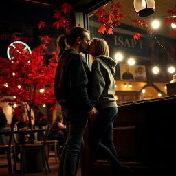 A dark silhouette of a man with a back ponytail, dressed casually in a cozy sweatshirt, jeans, and sneakers, leaning in to kiss a petite girl with short shoulder-length hair, who is also casually attired in a sweatshirt, jeans, and stylish ankle boots