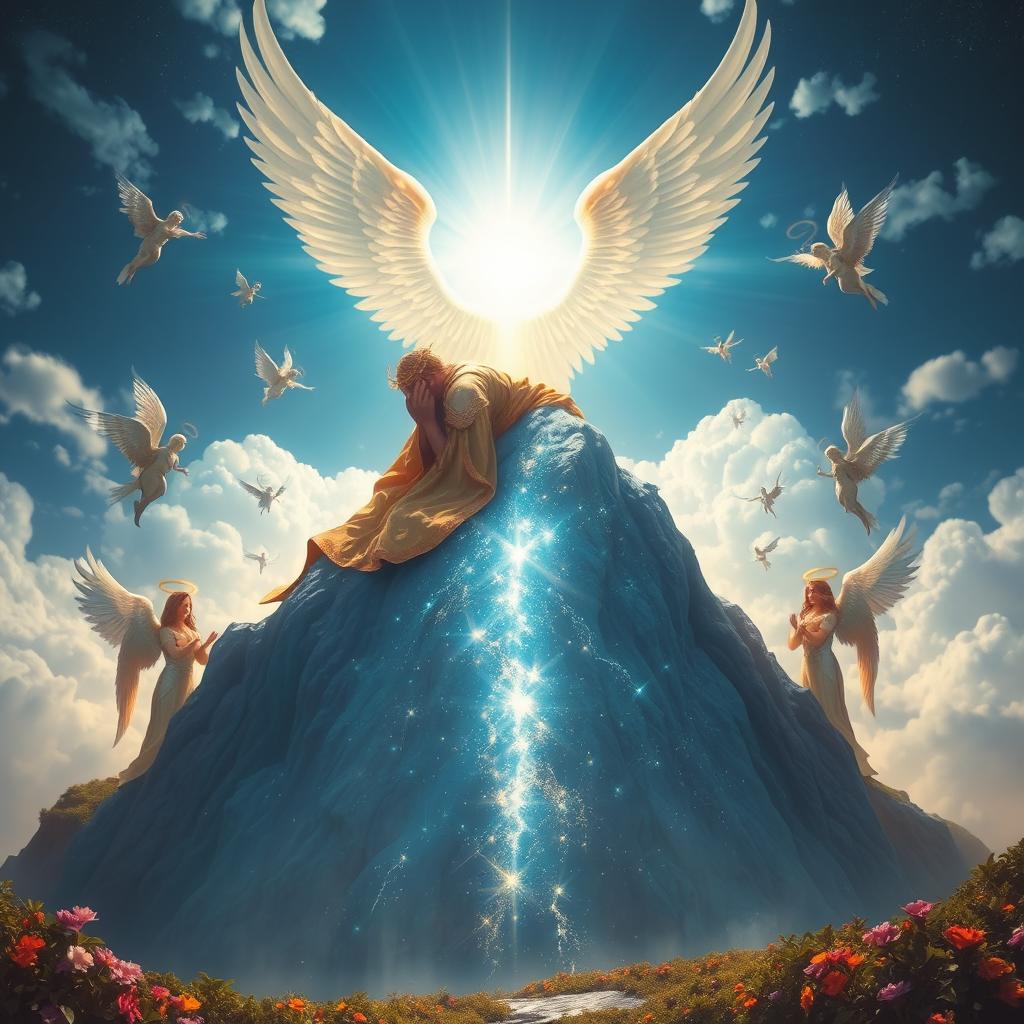 Azazil, a majestic figure clad in resplendent robes, is prostrating in deep worship on a high, shining mountain that sparkles with celestial light