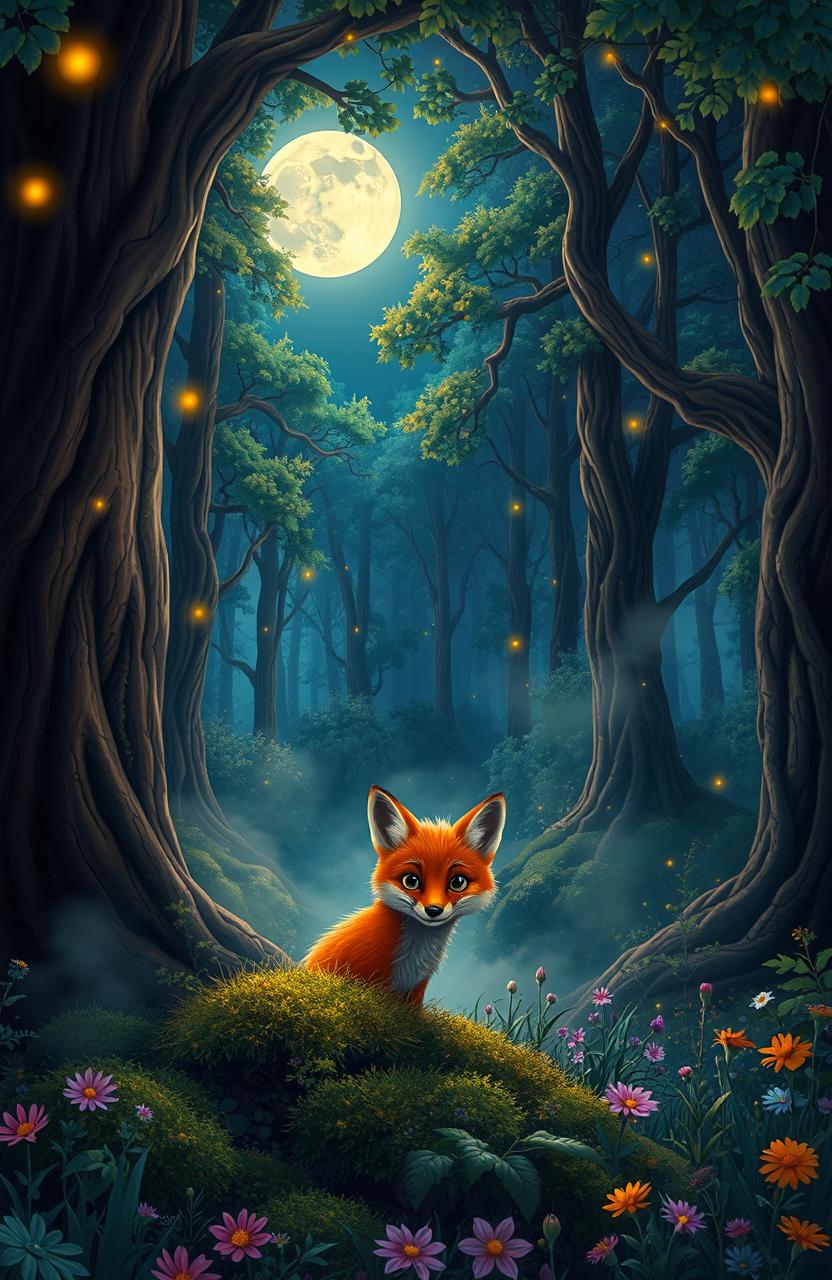 A captivating scene from a mystical forest at night, illuminated by the soft glow of a full moon