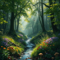 A lush green forest filled with tall trees and dappled sunlight filtering through the leaves