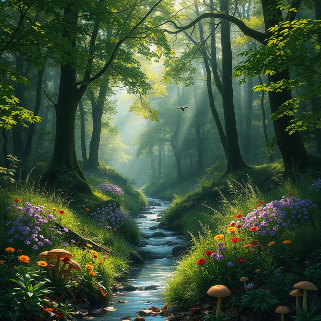 A lush green forest filled with tall trees and dappled sunlight filtering through the leaves