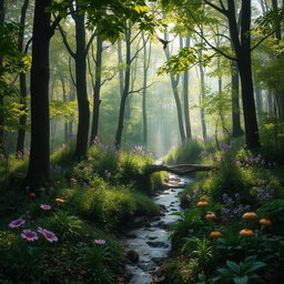 A lush green forest filled with tall trees and dappled sunlight filtering through the leaves