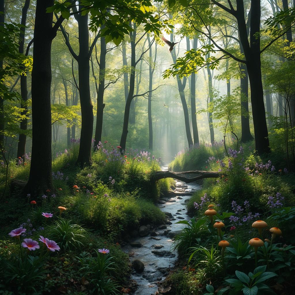 A lush green forest filled with tall trees and dappled sunlight filtering through the leaves