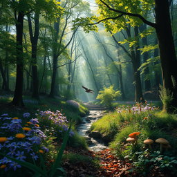 A lush green forest filled with tall trees and dappled sunlight filtering through the leaves