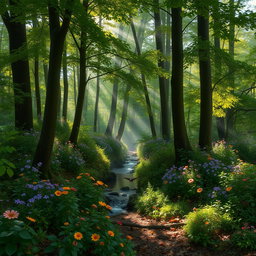 A lush green forest filled with tall trees and dappled sunlight filtering through the leaves