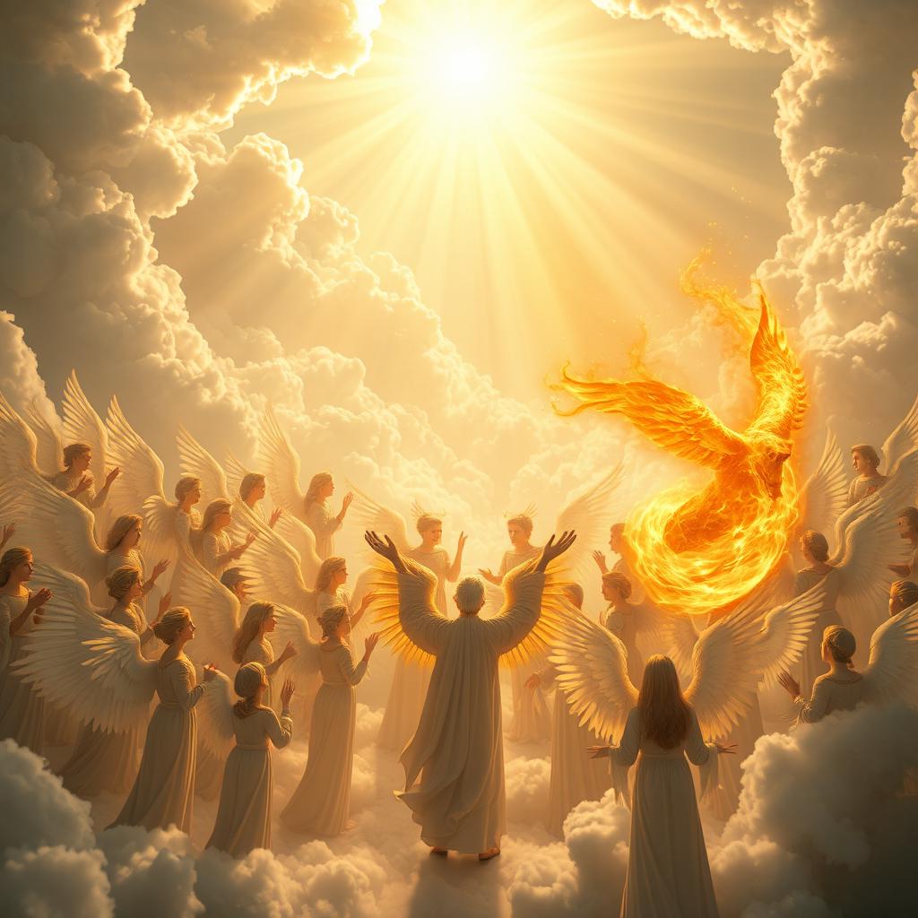 A serene and ethereal scene depicting the heavenly realm before the creation of the world