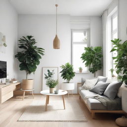 A minimalistic and serene Scandinavian-inspired home with rustic wooden furnishings, soft neutral colours, and well-lit interiors balanced with an abundance of green plants.