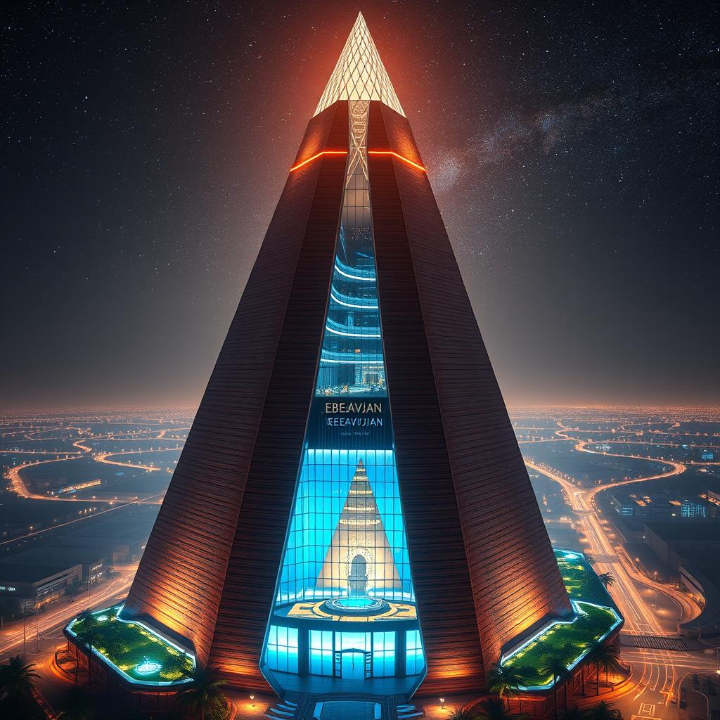 A futuristic tower resembling a space structure, named EBEEAVIJAN, emerging from the depths of history and rising above the ancient ziggurat of Chogha Zanbil, ready to soar into the future