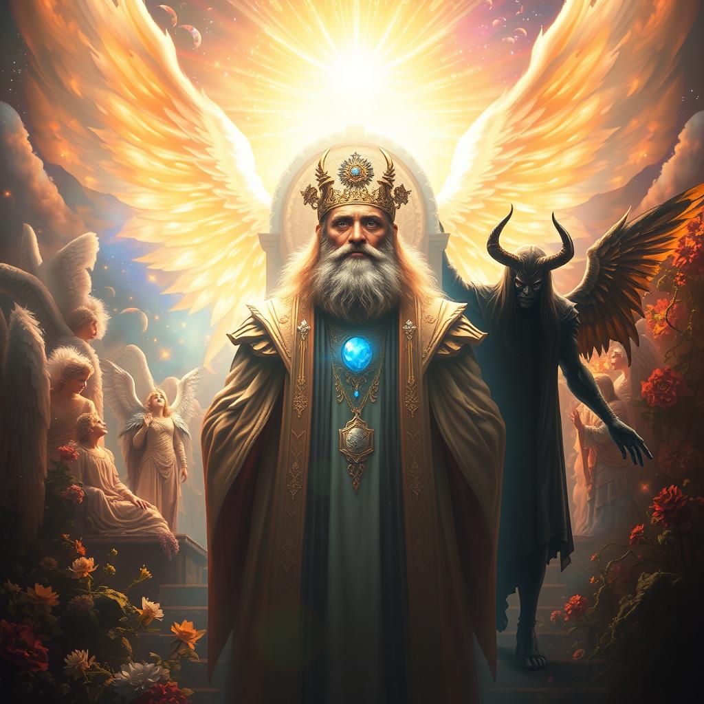 The celestial realm depicting the majestic beauty of heaven bathed in divine light, where Azazil, a once glorious creature, stands proudly before a radiant throne, shimmering with ethereal energy