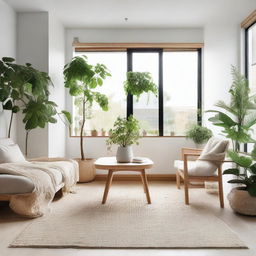 A minimalistic and serene Scandinavian-inspired home with rustic wooden furnishings, soft neutral colours, and well-lit interiors balanced with an abundance of green plants.